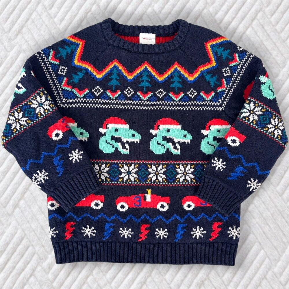 Hanna Andersson Size 100 US 4 Dinosaur Christmas Fair Isle Cotton Sweater Navy